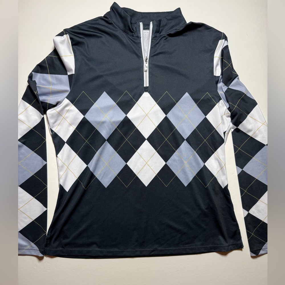Cegolfs Argyle Quarter Zip Golf Pullover Women’s Large black, white, light blue